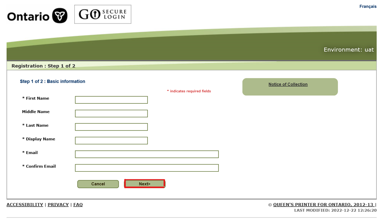 GO Secure Registration Screen Step 1 Screen dealing with name and email